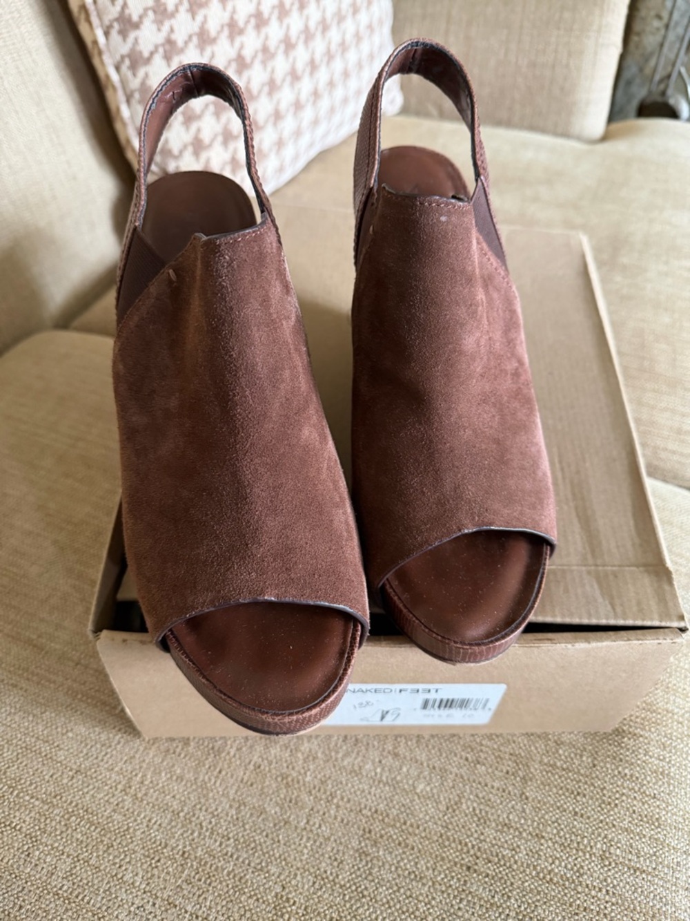 Naked Feet Brown Suede Open-Toe Slingback Wedges